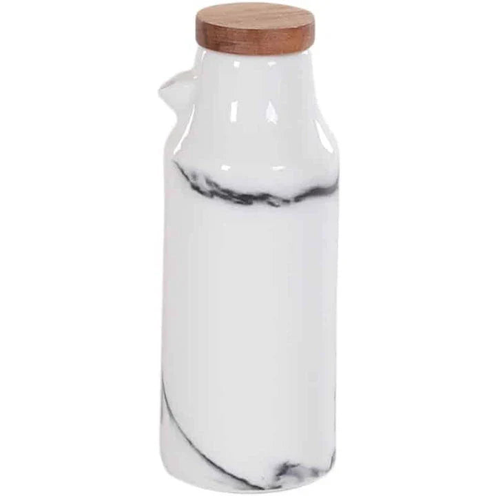 Elegant ceramic salt and pepper oil bottle set with wooden lids, perfect for storing and displaying seasonings and cooking oils in a modern kitchen