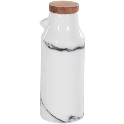 Elegant ceramic salt and pepper oil bottle set with wooden lids, perfect for storing and displaying seasonings and cooking oils in a modern kitchen