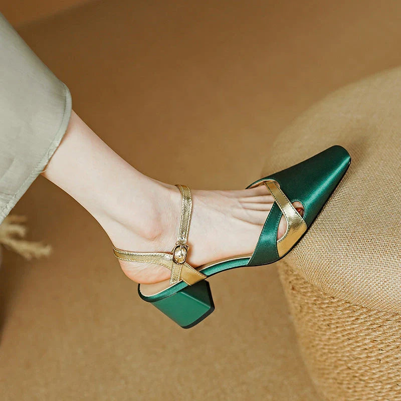 Elegant square heel sandals with ankle strap in green color, perfect for summer occasions