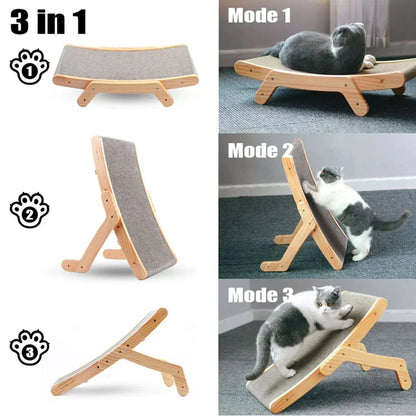 3-in-1 Premium Wooden Cat Scratcher Lounge Bed with Adjustable Scratching Angles and Micro-Arc Surface for Optimal Comfort