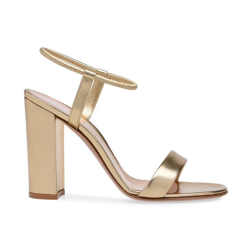 Elegant high heel banquet sandals with thick platform sole, round toe, and gold or silver finish