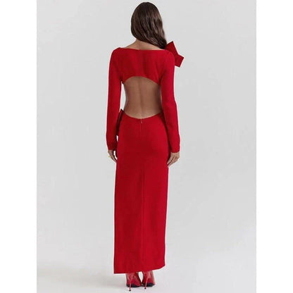 Chic and elegant red backless maxi dress with full-length sleeves and O-neck neckline, designed for sophisticated style and allure