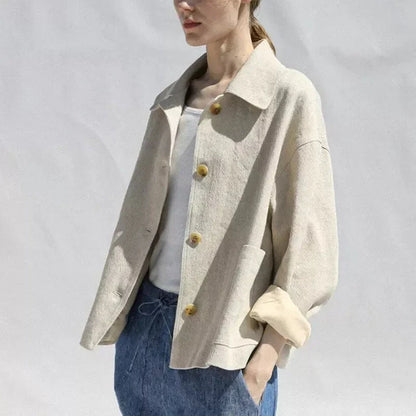 Elegant and comfortable cotton-linen autumn jacket for women with classic lapel collar and versatile design