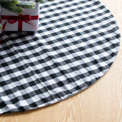 Premium black and white plaid Christmas tree skirt with classic pattern and durable non-woven fabric construction