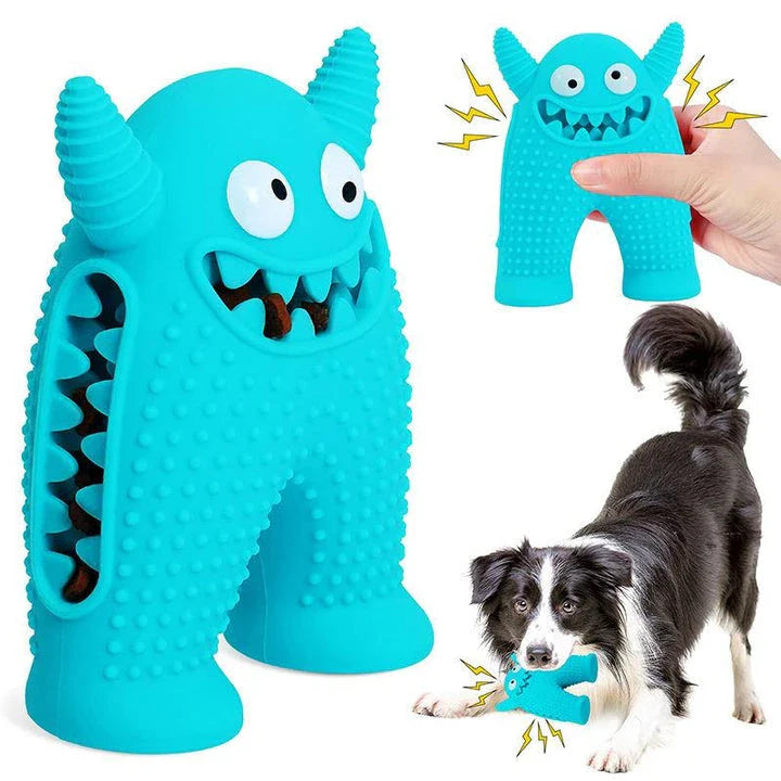 A durable squeaky dog toy made of natural rubber, designed to withstand aggressive chewing and promote dental health