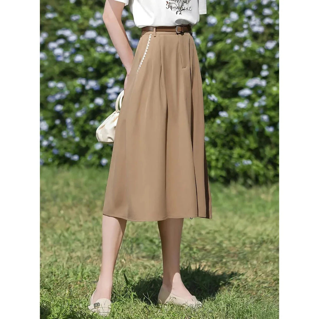 Elegant French-inspired high-waist embroidered A-line skirt in khaki color