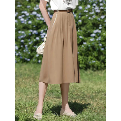 Elegant French-inspired high-waist embroidered A-line skirt in khaki color