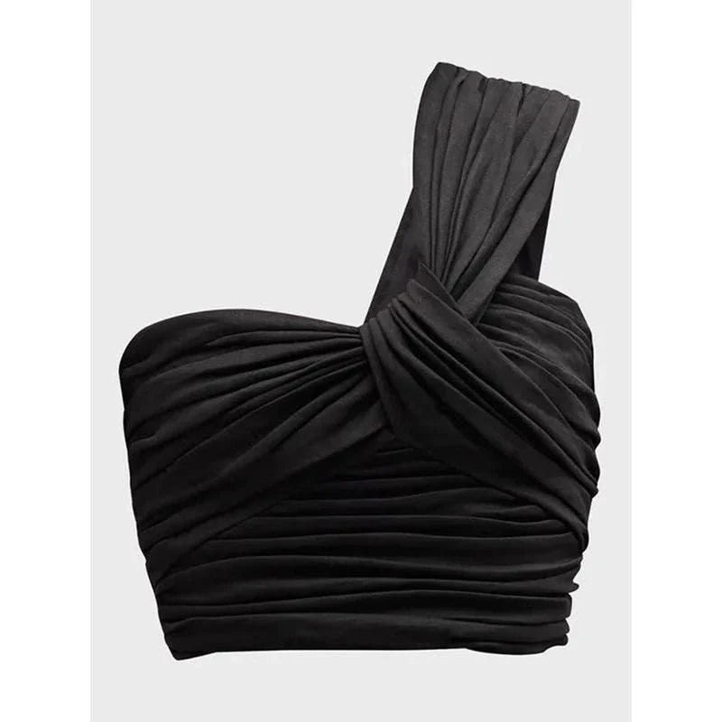 Asymmetrical solid tank top with diagonal collar and slimming folds, made from soft and breathable cotton-polyester blend