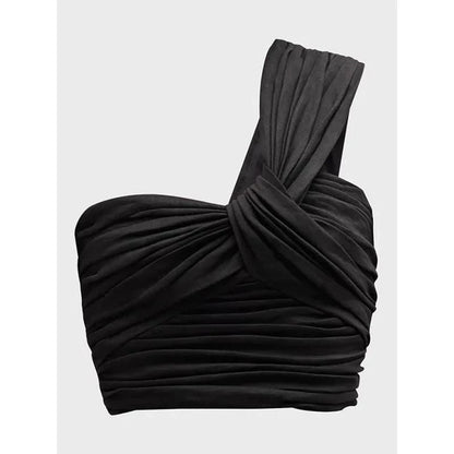 Asymmetrical solid tank top with diagonal collar and slimming folds, made from soft and breathable cotton-polyester blend