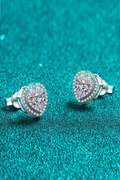 Elegant silver moissanite heart-shaped stud earrings with sparkling zircon accents
