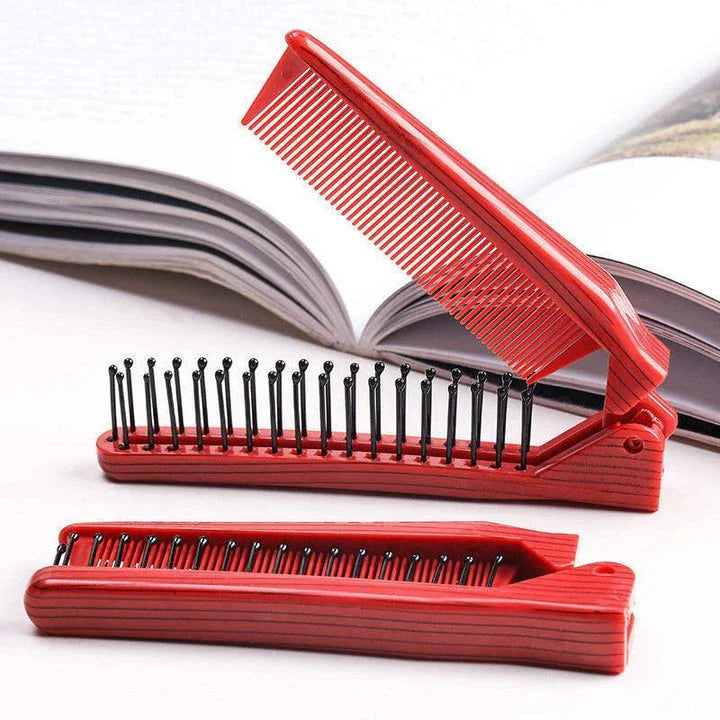 Red mini folding pocket comb with fine-tooth design, double-ended versatility, and compact, portable build