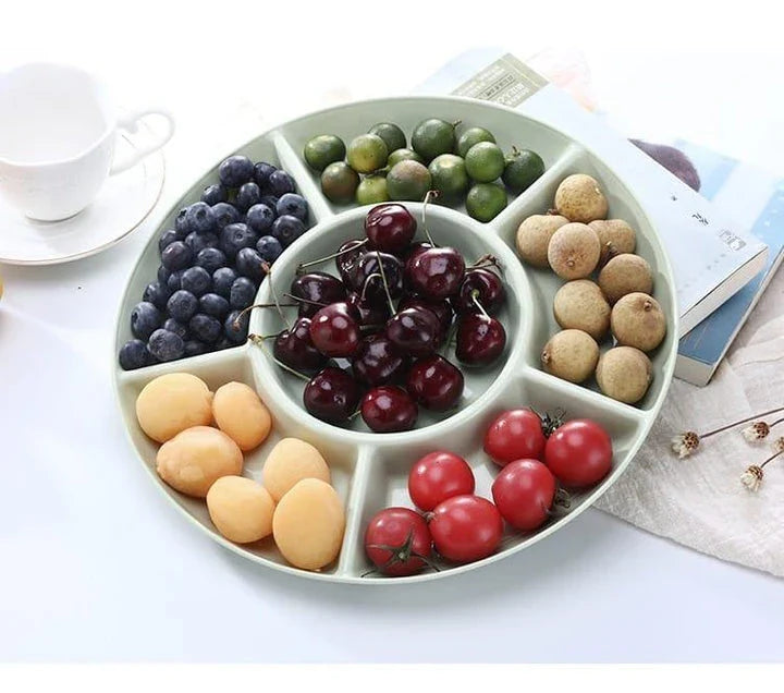 Stylish plastic plate in green and khaki colors, perfect for serving individual snacks or shared platters