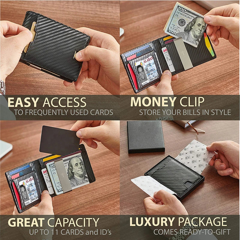 Premium men's wallet made of genuine leather and carbon fiber, featuring multiple card slots for organized storage and a sleek, slim design.