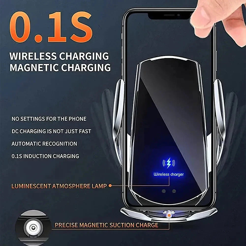 15W Fast Charging Auto-Clamping Wireless Car Charger with 360-Degree Rotation and Universal Qi Compatibility