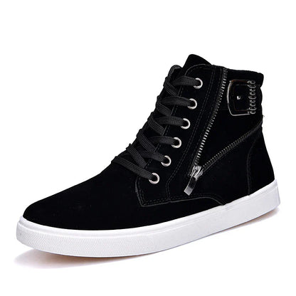 Stylish men's suede sneakers with a belt buckle detail, available in yellow, black, and dark blue colors.
