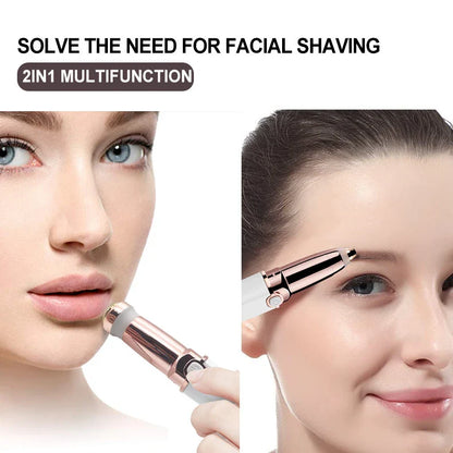 2-in-1 cordless lipstick-style eyebrow trimmer and face shaver in white color, with charging cable and cleaning brush