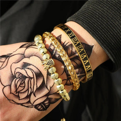 Crown-inspired braided bracelet set with stainless steel and copper construction for a retro-chic American and European style