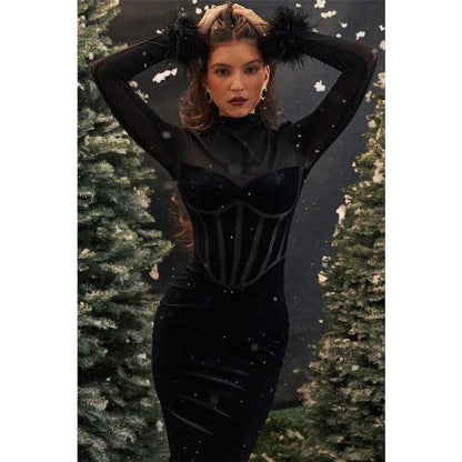 Elegant feather trim backless bodycon midi dress in a sleek, sophisticated design