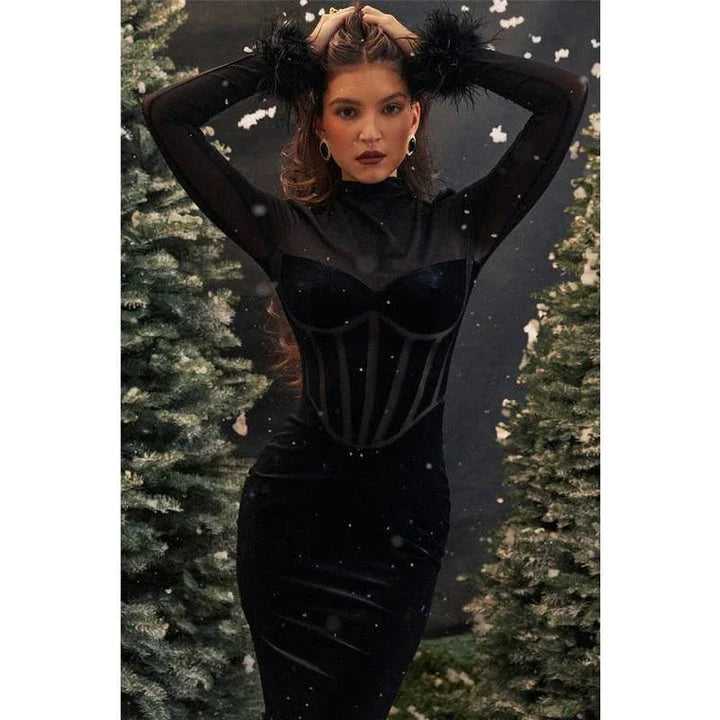 Hhomeenjoy Elegant Feather Trim Backless Bodycon Midi Dress - Perfect for Parties and Evenings