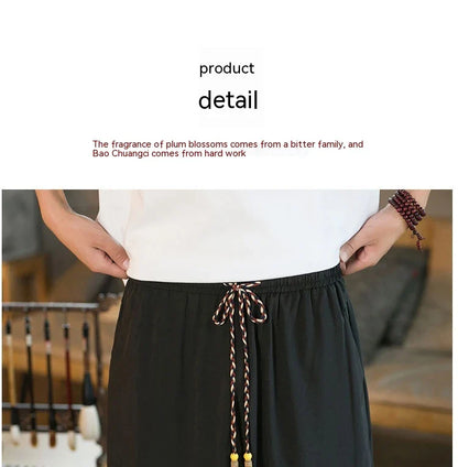 Men's Chinese-inspired harem pants made of luxurious ice silk fabric with a relaxed, draped silhouette