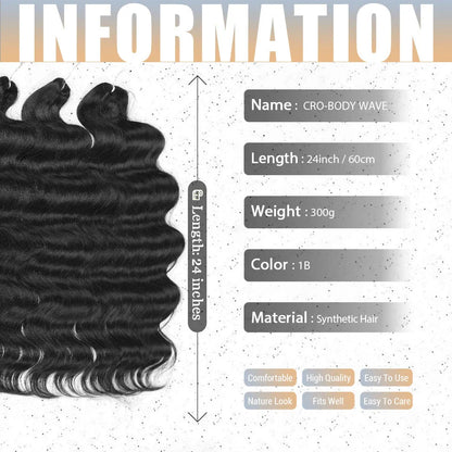 Ombre body wave crochet hair extensions in 24-inch length with seamless dark to light color blend