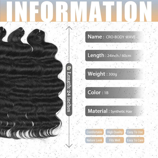 Ombre body wave crochet hair extensions in 24-inch length with seamless dark to light color blend