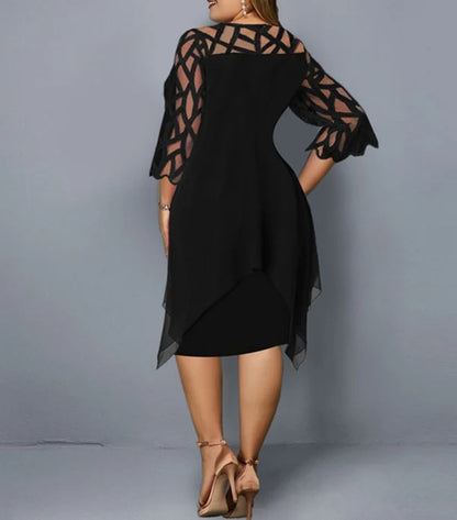 Stylish chiffon dress with lace splicing, irregular hemline, and seven-minute sleeves in black, purple, and dark green colors