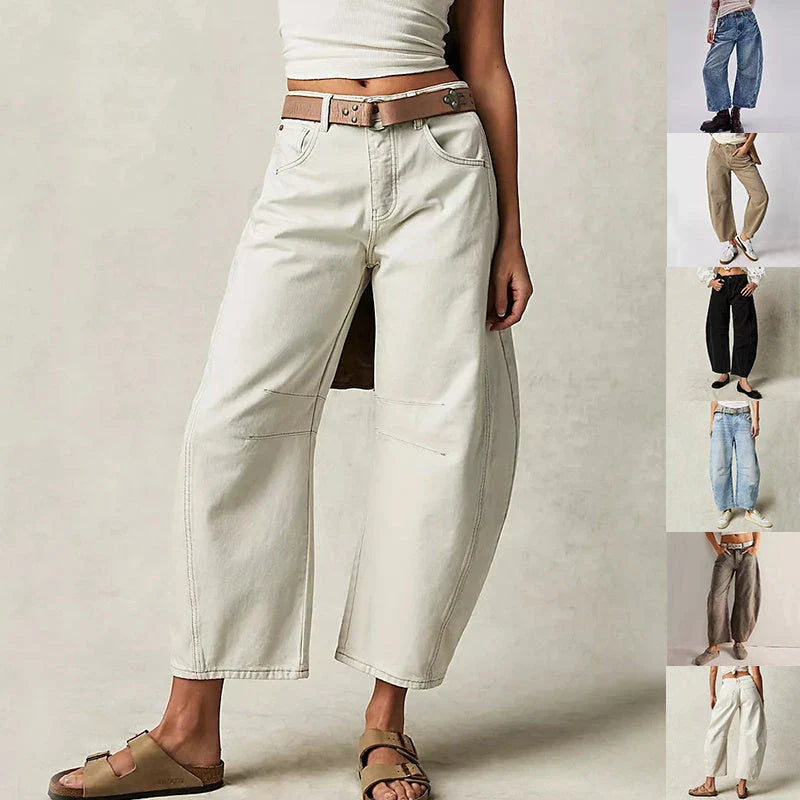 Trendha wide-leg summer pants in light blue, white, and black colors with a relaxed, stylish design