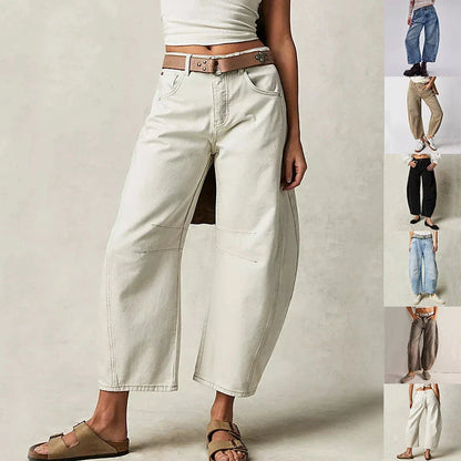 Trendha wide-leg summer pants in light blue, white, and black colors with a relaxed, stylish design