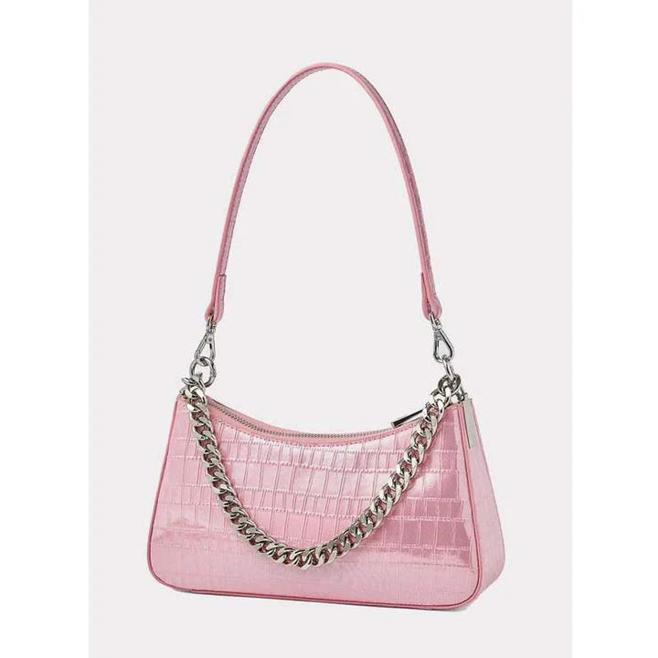 Alligator pattern leather shoulder bag with chic chain detail, showcasing a stylish and functional everyday accessory