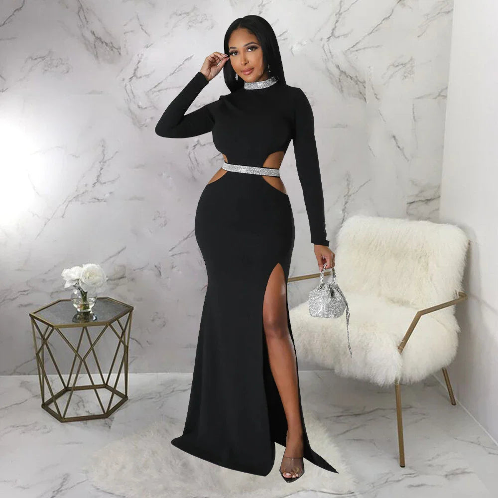 Stylish and flattering waist-accentuating split dress in solid colors, made from premium polyester fabric for comfort and versatility.