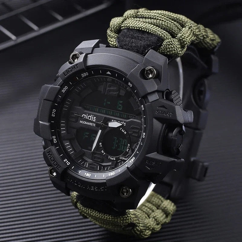 Outdoor survival watch with compass, parachute cord, and water-resistant design for rugged adventures
