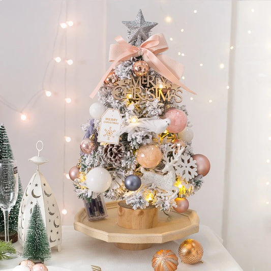 Festive Illuminated Snow-Blowing Christmas Tree Desk Decor with Pink Snow Spray and Warm LED Lighting