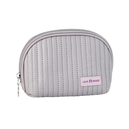 Stylish compact makeup bag made of premium PU leather in light blue color, with a sleek minimalist design for modern women
