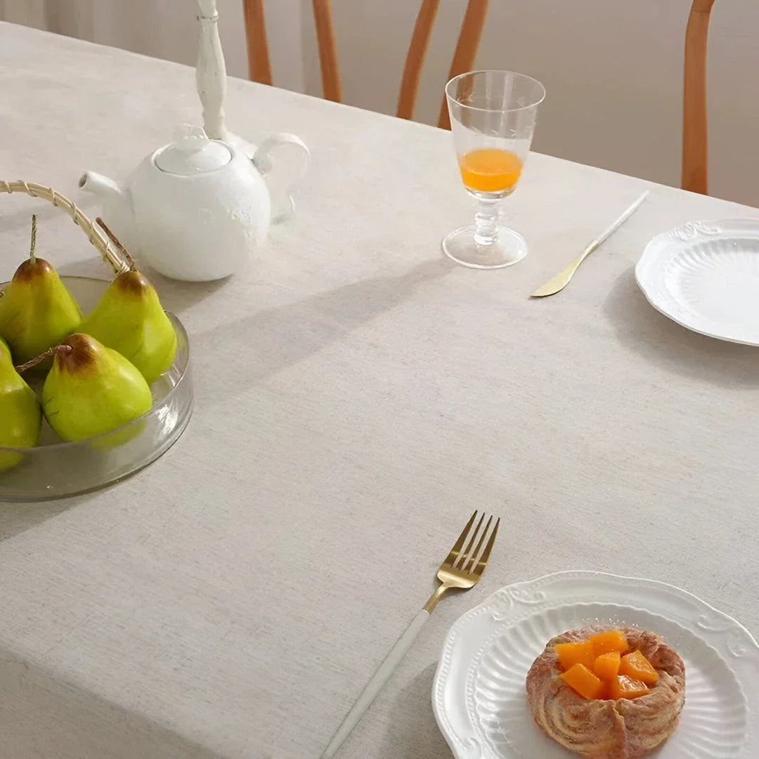Luxurious linen cotton tablecloth in flax color, perfect for weddings, home parties, and dining events