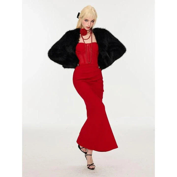 A beautiful sleeveless spaghetti strap fishtail corset dress in a luxurious fabric blend, perfect for formal occasions.