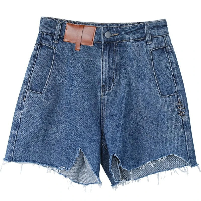 Women's Retro Blue High-Waisted Denim Shorts with Irregularly Cut Design and Cuff Details