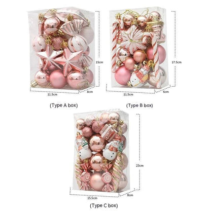 Rose gold Christmas ornaments in a gift box, including gourds and candy canes, for elegant holiday decor