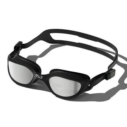 Premium anti-fog mirrored swimming goggles with adjustable silicone strap and UV protection
