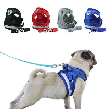 Adjustable reflective dog harness made of durable polyester material with reflective strips for enhanced visibility and safety during outdoor activities.