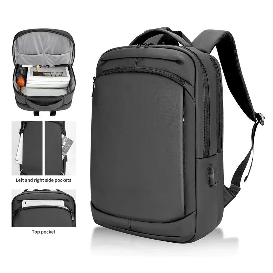 16.5 inch high-capacity travel and school backpack in black, featuring durable nylon construction, ergonomic design, and multiple storage compartments