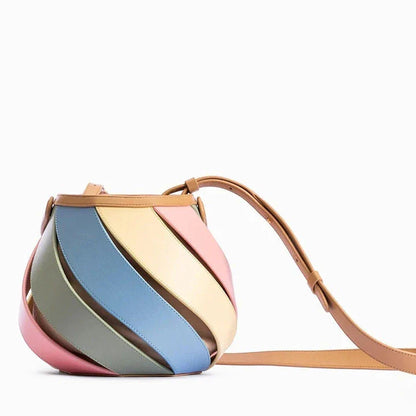 Colorful striped PU leather bucket handbag with adjustable strap and roomy interior