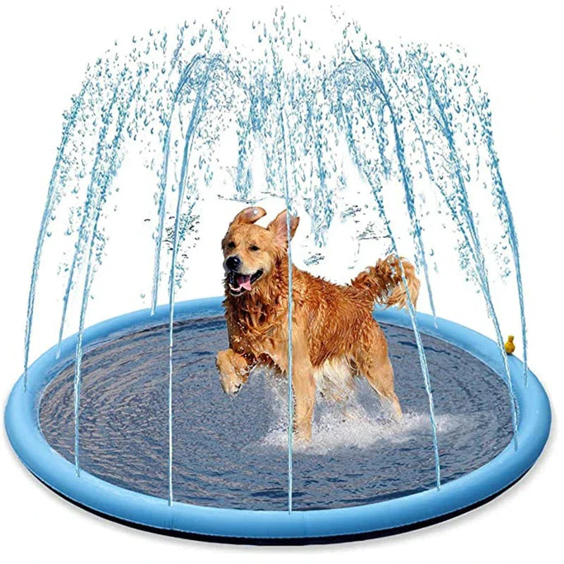 Inflatable blue dog splash pool and sprinkler mat with water jets, perfect for outdoor summer fun