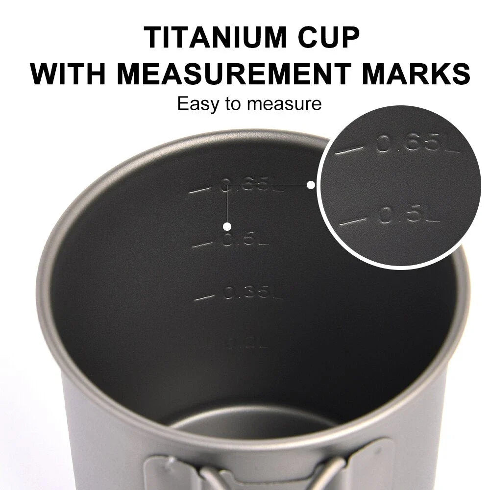 Titanium camping mug with lid, foldable design, available in multiple sizes for outdoor adventures