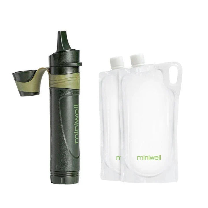 Compact and lightweight portable water filter with advanced triple-stage filtration technology to remove bacteria, parasites, and harmful chemicals from any water source