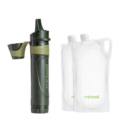 Compact and lightweight portable water filter with advanced triple-stage filtration technology to remove bacteria, parasites, and harmful chemicals from any water source