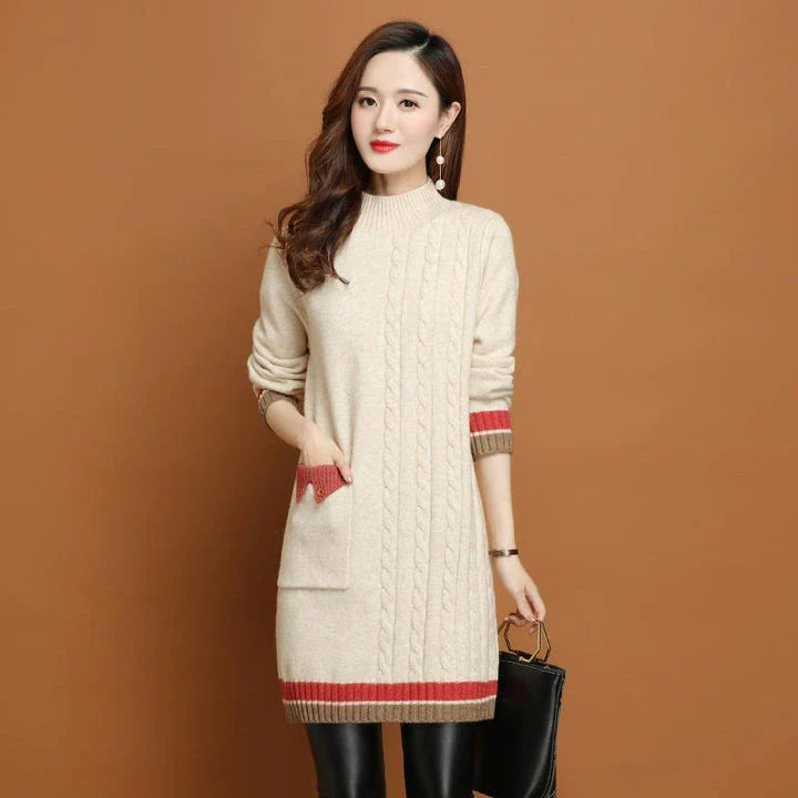 A mid-length knit dress with a cozy half-turtleneck, made of soft polyester fabric for all-day comfort and style.