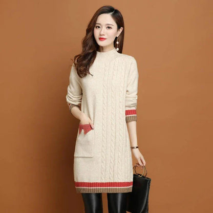 A mid-length knit dress with a cozy half-turtleneck, made of soft polyester fabric for all-day comfort and style.