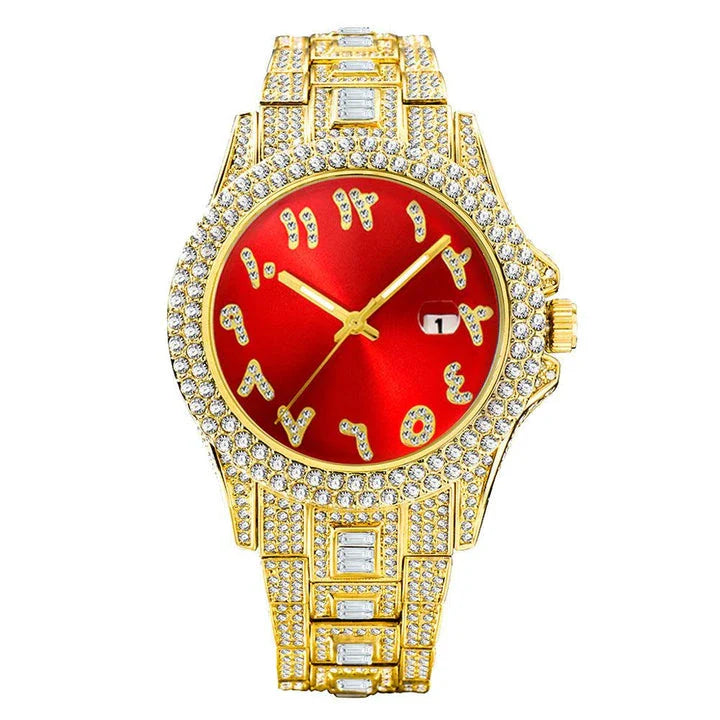 American-designed diamond-encrusted waterproof quartz watch with gold-plated stainless steel construction