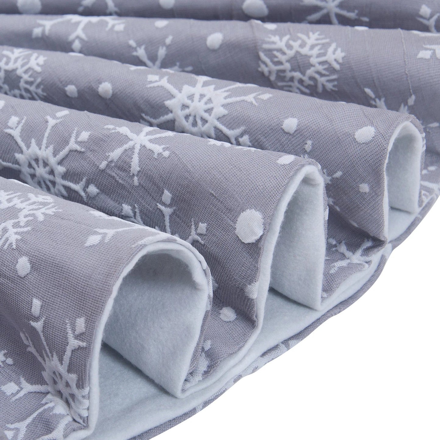 Elegant gray and white snowflake Christmas tree skirt for festive holiday home decor